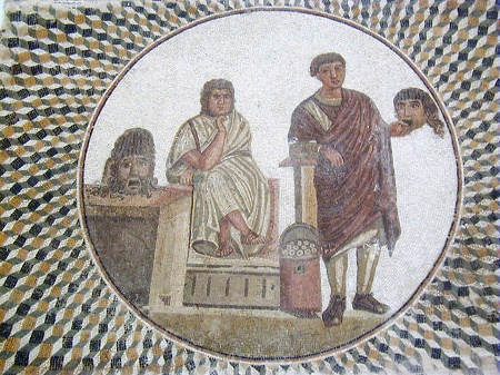 Mosaico raffigurante due attori latini con maschere. Musee Sousse, Tunisi